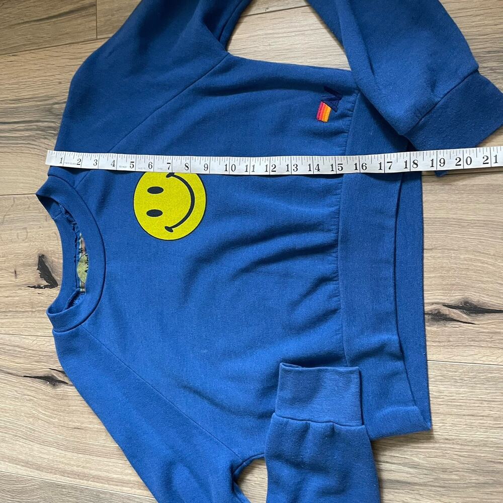 Aviator Nation SoulCycle Size Medium Smiley Face Crop Sweatshirt Blue Crewneck - Picture 8 of 9